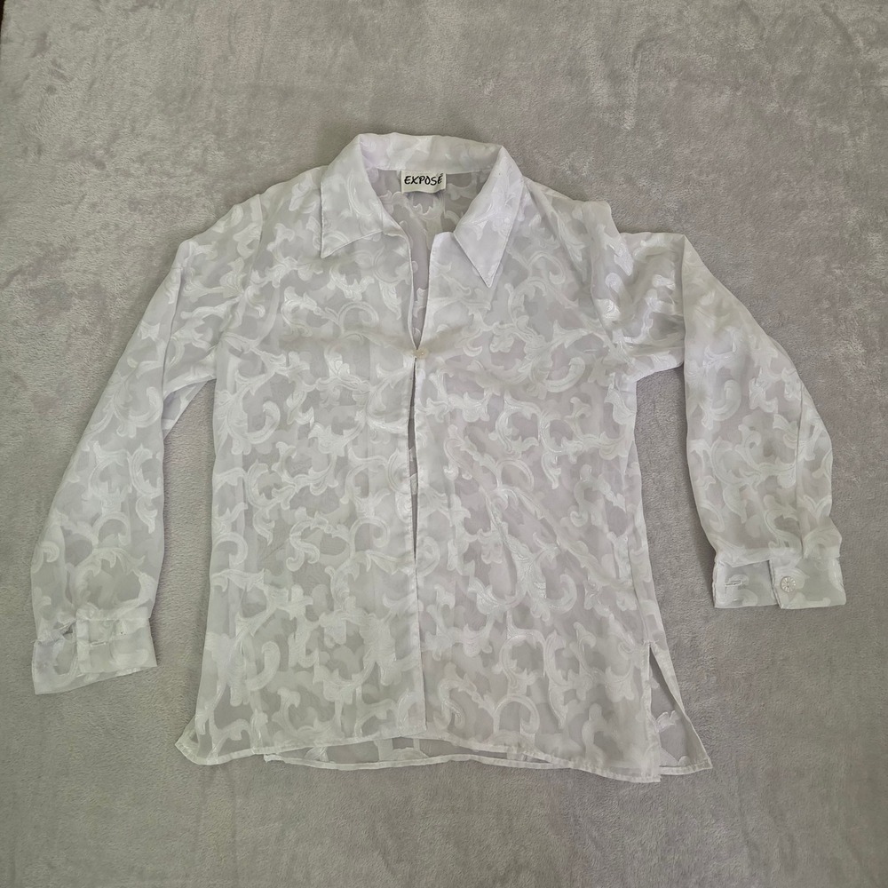 White Sheer Textured Damask Blouse Long Sleeve Button Front Top M Fairycore Y2K